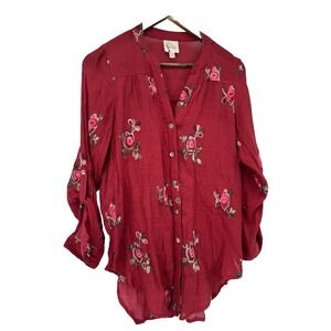 Fig And Flower Maroon Embroidered Floral Long Sleeve Button up S Sheer artsy